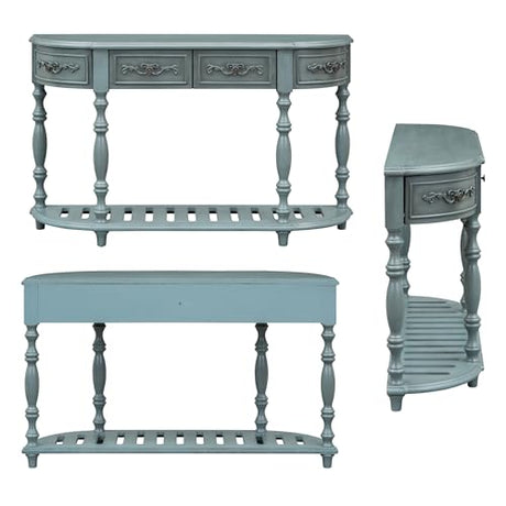Amposei Retro Wood Curved Console Table 52-Inch Half Moon Hall Sofa Table Entryway Table with Drawers & Shelf for Living Room Home Furniture (Antique Blue) Amposei