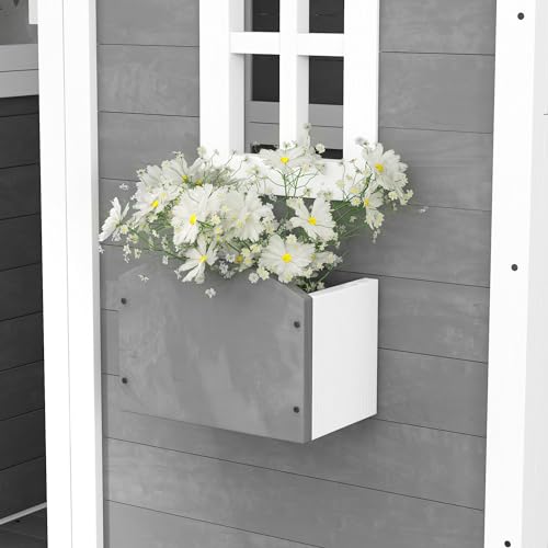Outsunny Playhouse for Kids Outdoor, Wooden Playhouse with Floors, Doors, Windows, Planter Box, for 3-8 Years Old, Backyard, Lawn, Garden, Gray Outsunny