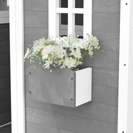 Outsunny Playhouse for Kids Outdoor, Wooden Playhouse with Floors, Doors, Windows, Planter Box, for 3-8 Years Old, Backyard, Lawn, Garden, Gray Outsunny