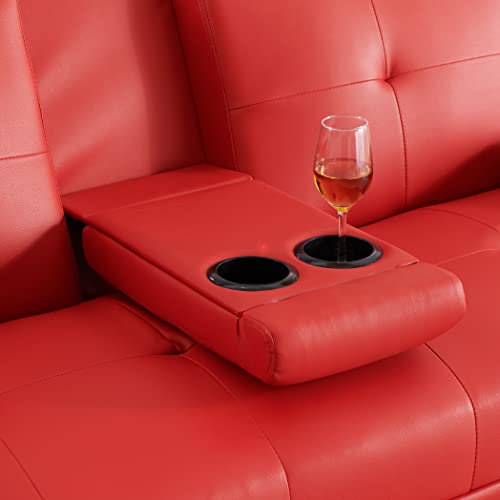KEIKI 67" Leather Folding Futon Sofa w/Cup Holder & Adjustable Backrest, Mid Century Modern Couch Loveseat Convertible to Sleeper Bed, Comfy Cloud Couch SofaBed for Living Room & Bedroom, Red KEIKI