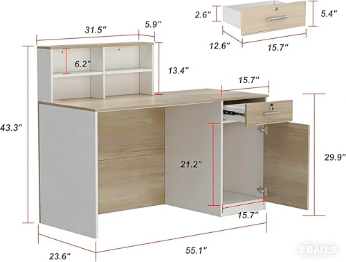 WOODTIME 55" W Reception Desk with Lockable Drawer, Door & Open Shelves, Modern Front Counter Table Office Reception Counter for Checkout, Store, Salon, White & Natural