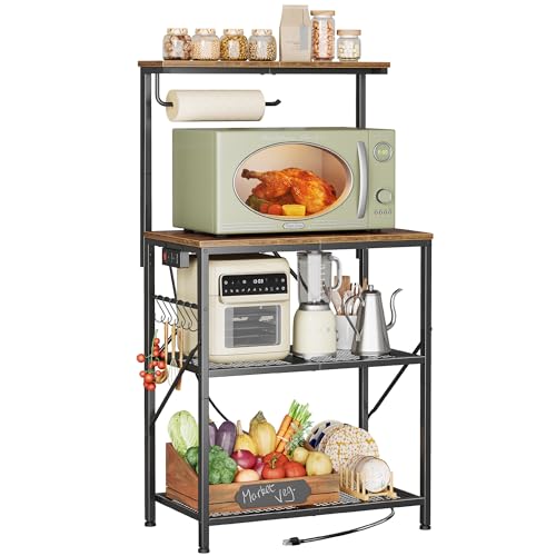 Huuger 4-Tier Bakers Rack with Reversible Power Outlet, 23.6 Inch Microwave Stand, Kitchen Coffee Bar, with Top Shelf, 6 S Hooks, Rustic Brown Huuger
