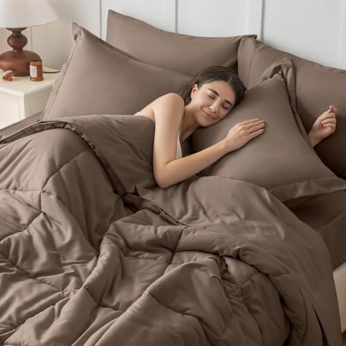 JOLLYVOGUE Queen Comforter Set, Ultra-Soft Bed in a Bag Queen Size 7 Pieces, Oeko-TEX Certified Bedding Set with Down Alternative Comforter, Sheets, Pillowcases & Shams, Brown JOLLYVOGUE