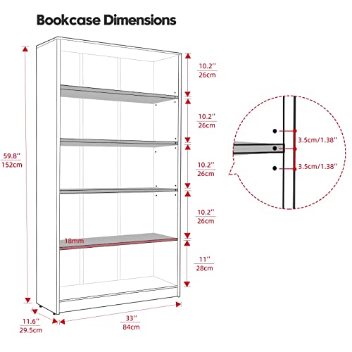 5-Shelf White Wooden Bookcase for Home, Office, and School Display Sunon