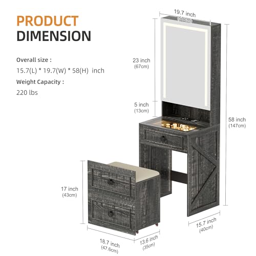 Gurexl 3 in 1 Small Vanity Desk with Lights and Mirror,Tall Lighted Compact Vanity with Charging Station,Makeup Vanity Set with Jewelry Armoire,Glass Top,Wheeled Stool with Storage,3 Drawers Gurexl