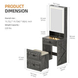 Gurexl 3 in 1 Small Vanity Desk with Lights and Mirror,Tall Lighted Compact Vanity with Charging Station,Makeup Vanity Set with Jewelry Armoire,Glass Top,Wheeled Stool with Storage,3 Drawers Gurexl