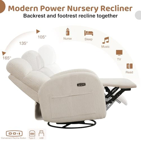 AEMEIOS Power Nursery Glider Recliner, Swivel Glider Recliner with USB & Type-C Port, Swivel Reclining Nursery Rocker with Double Pockets for Living Room, White,Corduroy AEMEIOS