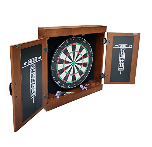 Hathaway Farmington Dartboard and Cabinet Set - Includes 18-in Dartboard, Steel-Tip Darts, Chalk Scoreboards - Perfect for Family Game Rooms, Basements, Home Bars, Walnut - WoodArtSupply