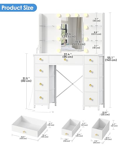 Akxomel Vanity Desk with Mirror and Lights, White Makeup Vanity Table with with Power Outlet, 13.8" D x 37.4" W x 55.1" H, Storage Drawers, Compact Modern Vanity Desk for Bedroom, for Girls, Women Akxomel