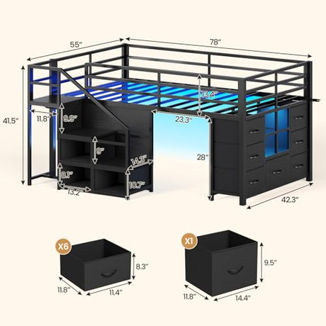 BTHFST Low Loft Bed Twin Size with Stairs & LED Lights, Kids Loft Bed with 7 Storage Drawers & 3 Open Cubbies & Handy Clothes Rail, Twin Loft Bed with Safety Guardrail, Under-Bed Play Area, Black BTHFST