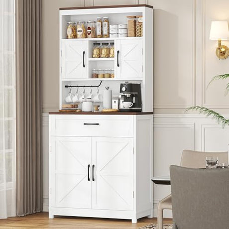 kepptory 69" Tall Farmhouse Kitchen Pantry Cabinet, Kitchen Hutch Bar Cabinet with Drawers&Cup Holder, Large Wooden Storage Cabinets with Barn Doors&Microwave Stand, Cupboard for Dining Room(White) kepptory