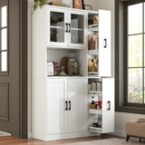 Gyfimoie 68" Tall Kitchen Pantry Cabinet with Side Drawer, Kitchen Pantry Storage Cabinet with Glass Door,Freestanding Food Hutch with Microwave Stand for Dining Room (White) Gyfimoie