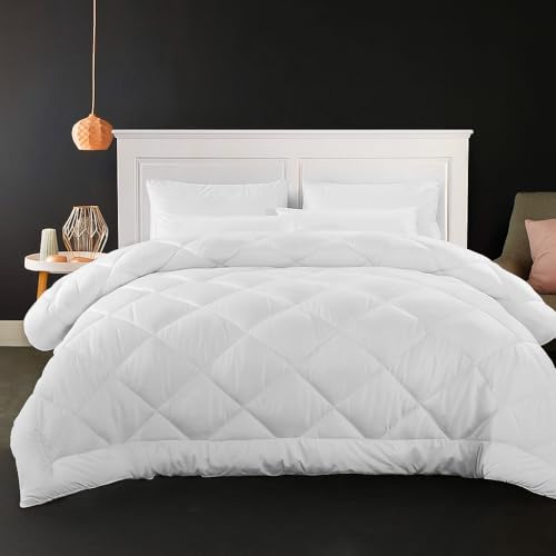 KHC Cotton Comforter White Down Alternative Duvet Insert 100% Percale Cotton, Quilted Fluffy 400GSM Comforter Lightweight All Season Durable Breathable Noiseless (WHITE, King/Cal.King(90"X104")) Kamas Home Collection