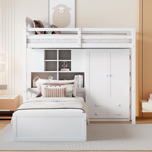Ball & Cast Twin Size Bunk Bed with Hydraulic Bed & Storage Area,Wood Loft Beds w/Drawers and Wardrobe,Shelves,Space-Saving Bedframe w/Ladder,Full-Length Guardrail,for Apartment,Bedroom,White Ball & Cast
