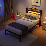 Maliacife Twin Bed Frame with Headboard,Single Bed Frame with Charging Station and LED Lights,Metal Platform Bed Twin Sizes,No Box Spring Needed,Easy Assembly,Black (Black, Twin) Maliacife