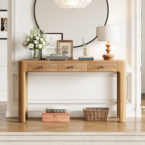 Merax 52" Console Table with 3 Drawers, Rustic Entryway Table with Curved Corners, Narrow Long Sofa Table for Living Room, Hallway, Entrance, Behind Couch, Foyer, Sturdy Thick Legs, Natural Merax
