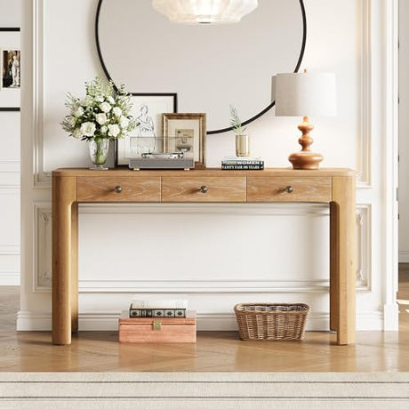 Merax 52" Console Table with 3 Drawers, Rustic Entryway Table with Curved Corners, Narrow Long Sofa Table for Living Room, Hallway, Entrance, Behind Couch, Foyer, Sturdy Thick Legs, Natural Merax