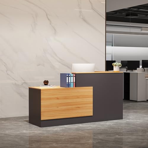 Zethvax L-Shaped Reception Desk,Large Front Desk with Keyboard Tray, Lockable Drawers & File Cabinet, Receptionist Desk for Checkout,Lobby (Right L-Natural Wood/Slate Gray, 71''L x 23.6''W x 41.3''H) Zethvax