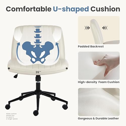 DUMOS Criss Cross Chair with Wheels, Legged Office Armless Wide Desk Seat Dual-Purpose Base, Adjustable Swivel Leather Task Vanity Home Office Desk Seating, Cream DUMOS