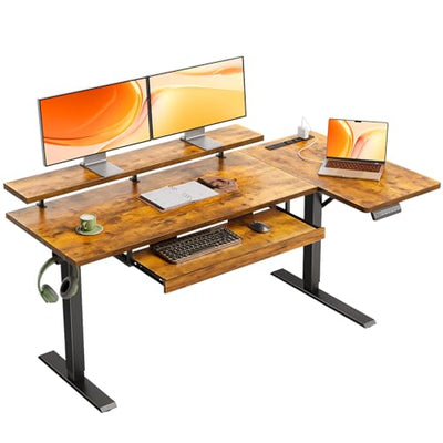 OffiGo 55 Inch L Shaped Electric Standing Desk with Keyboard Tray, Reversible Height Adjustable Corner Computer Desk with Monitor Stand, Sit Stand Up Lift Table for Home, Office, Rustic Brown