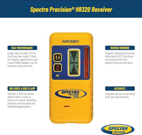 Spectra Precision HR320 Laser Receiver with C59 Rod Clamp, Front & Rear LCD Displays, Loud Speaker, Waterproof, Red - WoodArtSupply