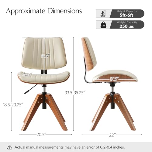 HULALA HOME Faux Leather Home Office Chair with Solid Wood Legs, 360° Swivel Desk Chair No Wheels with Bentwood Design, Mid-Century Modern Wide Seat Computer Task Chair, Ivory HULALA HOME