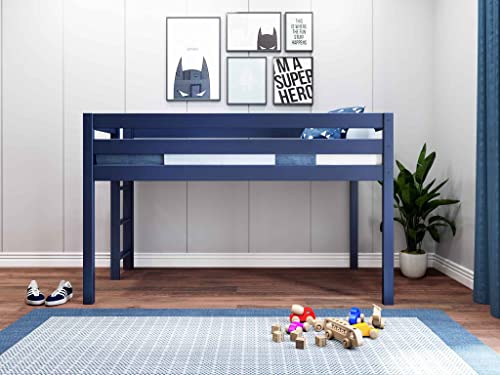 JACKPOT! Contemporary Low Loft Twin Bed with End Ladder, Blue