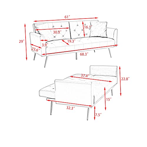 Modern Velvet 2 in 1 Futon Sofa Bed,Convertible Folding Sleeper Bed Couches with 2 Pillows,73" Tufted Recliner Love Seat with Golden Chrome Legs for Living Room Apartment Office (Grey-New) Anwick