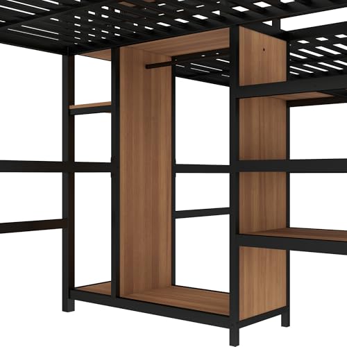 Bellemave Twin Over Twin Metal Loft Bed with Desk and Wardrobe for 2 Kids,Twin Size Heavy Duty Double Loft Bed Frame with Charging Station and Shelves for Boys,Girls,Adults,Woodgrain Bellemave