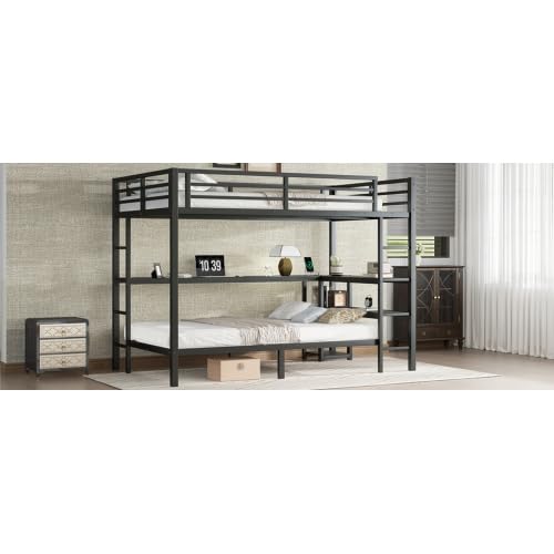 Harper & Bright Designs Metal Bunk Bed with Desk and Shelves, Full Over Twin Bunk Bed Frame with LED and USB, Multiple Placement (Full/Twin, Black) Harper & Bright Designs