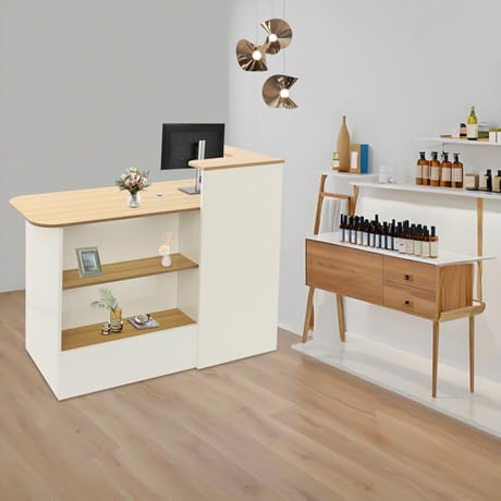 47In Reception Desk with LED Lights, L-Shaped Modern Front Table Reception Room Table with Cable Grommet & Lockable Drawers, Retail Checkout Counter for Lobby Salon Office AngelcityCC