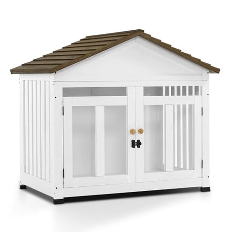 MCombo Wooden Dog House Furniture, Solid Wood Dog Cage Furniture Indoor for Small/Medium Dogs, JD54 (White and Brown, Medium) MCombo