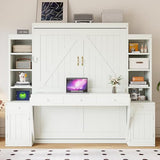 Merax Queen Size Murphy Bed with Desk and LED Lights, Power Outlet, Foldable Murphy Cabinet Bed with Open Storage Shelves & Drawers, Wood Space-Saving Hidden Wall Bed for Guest Room Office, White Merax
