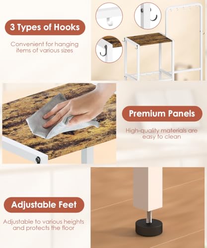 mocomax Kitchen Stand Shelf with Storage, 3-Tier Utility Baker's Rack for Spices, Adjustable Coffee Bar Station with 8 Hooks, Space-Saving Microwave Oven Stand for Pots, Pans & Utensils, White mocomax