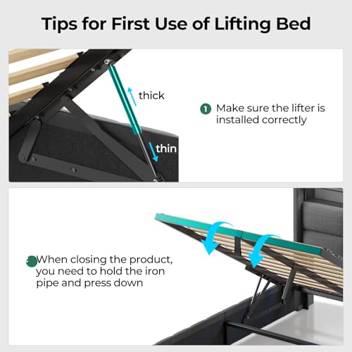 Rolanstar Bed Frame Twin Size with Lift Up Storage, Charging Station & LED Lights, Upholstered Storage Headboard, Heavy Duty Wooden Slats, No Box Spring Needed, Noise Free, Easy Assembly, Black Rolanstar