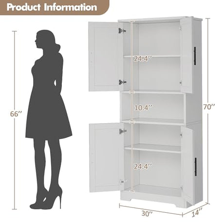 LIZHOUMIL 70" Tall Bathroom Storage Cabinet with Doors, Adjustable Shelves and Open Center Storage, Freestanding Bathroom Organizer,White LIZHOUMIL