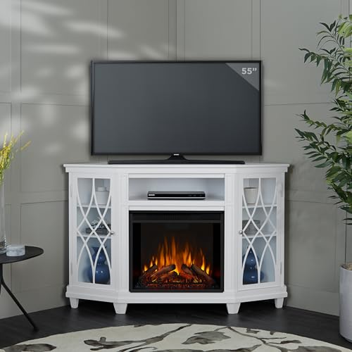 Real Flame Lynette 56" Corner Electric Fireplace TV Stand or TVs up to 55 inches, Entertainment Center with Electric Fireplace, Living Room TV Stand with Fireplace, White Real Flame