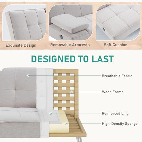HAOMARKETS Futon Sofa Bed with USB Charging Port, Convertible Futon Couch with 2 Cup Holders,Modern Folding Loveseat Sleeper Couches for Small Spaces, Living Room, White HAOMARKETS