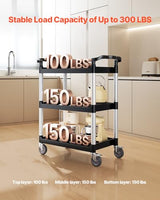 VEVOR Utility Cart, 300 lbs Load Capacity, 3-Tier Utility Plastic Cart with 360° Swivel Wheels (2 with Brakes), 24.4 x 16.1-inch Food Service Cart for Warehouse, Office, Home, Restaurant, Kitchen