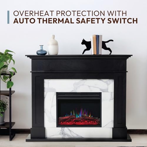 Cambridge Sofia 53-in. Freestanding Fireplace Mantel in Black with White Marble Inlay and Log Display, Electric Heater Insert with Color Changing Flames for Living Room, Bedroom CAMBRIDGE