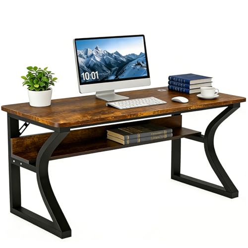 Aevum azn 55 inch Computer Desk, Home Office Desk with Storage Shelf, Sturdy U-Shaped Metal Frame Study Table with Cable Management, Gaming Desk for Office & Bedroom Aevum azn