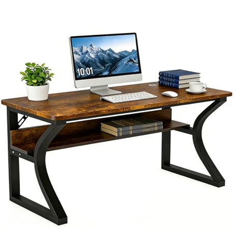 Aevum azn 55 inch Computer Desk, Home Office Desk with Storage Shelf, Sturdy U-Shaped Metal Frame Study Table with Cable Management, Gaming Desk for Office & Bedroom Aevum azn