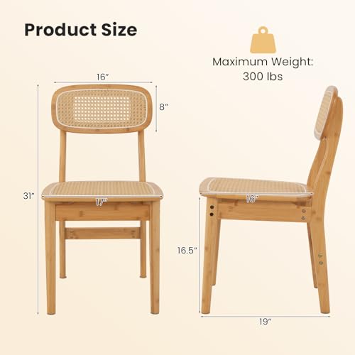 Giantex Rattan Dining Chairs Set of 2, Boho Cane Kitchen Chairs, Max Load 300 Lbs, Bamboo Armless Dining Room Chairs - WoodArtSupply