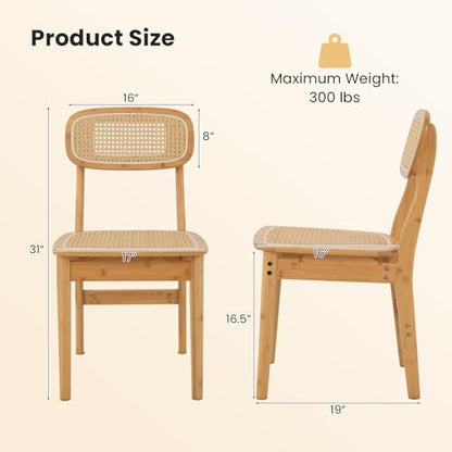 Giantex Rattan Dining Chairs Set of 2, Boho Cane Kitchen Chairs, Max Load 300 Lbs, Bamboo Armless Dining Room Chairs - WoodArtSupply