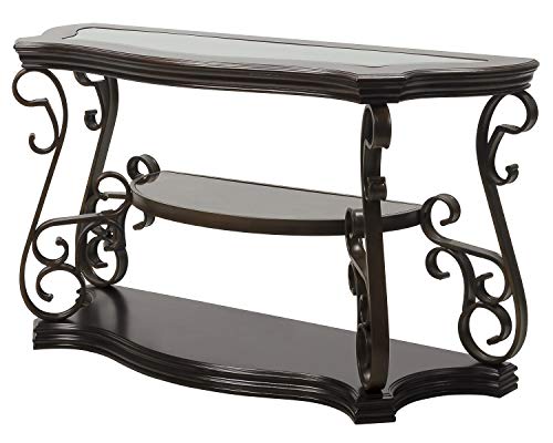 Goujxcy Elegant Retro Console Table, 3-Tier Traditional Rectangle Sofa Table with Tempered Glass Top, Mid-Marble Shelf, Vintage Accent Entryway Table for Living Room Hallway, Easy Assembly Goujxcy