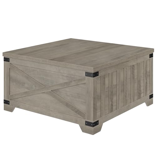 HOSTACK Farmhouse Coffee Table with Storage, 35.4" Square Center Table with Hinged Lift Top, Vintage Wood Cocktail Table with Thickened Top for Living Room, Home (Ash Gray) - WoodArtSupply