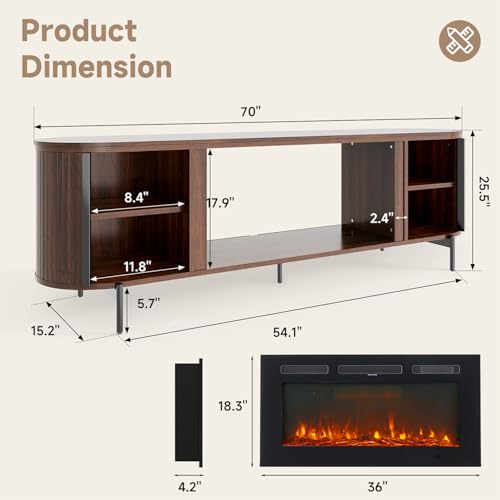 Nordivale Luxury 70" Fluted Fireplace TV Stand, Modern Chic Entertainment Center for TVs Up to 80", TV Console for Living Room, Media Cabinet with Storage,70 Inch, Brown Nordivale