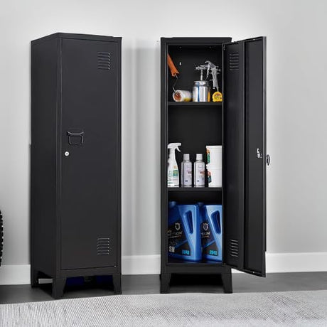 iCHENGGD Metal Cabinet, 47" H Home Office Storage Lockers, Vertical Steel Storage Cabinet with Locking Door and 2 Adjustable Shelves, Small Metal Locker Cabinets (1 Door, Black) iCHENGGD