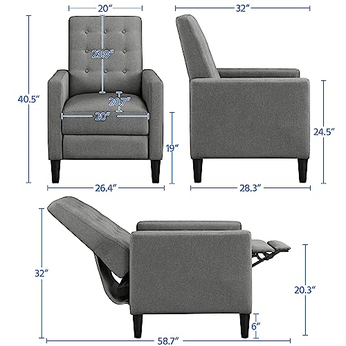 Yaheetech Fabric Recliner Chair with Adjustable Back & Footrest, Mid-Century Modern Accent Armchair Reading Chair, Tufted Upholstered Sofa with Pocket Spring for Living Room Bedroom Gray