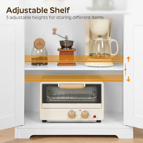 YATINEY Coffee Bar Cabinet, Kitchen Island with Storage, Farmhouse Sideboard Buffet Cabinet with Dual-Purpose Floating Shelf and Hooks, for Kitchen Living Room, White and Natural KF22WN YATINEY